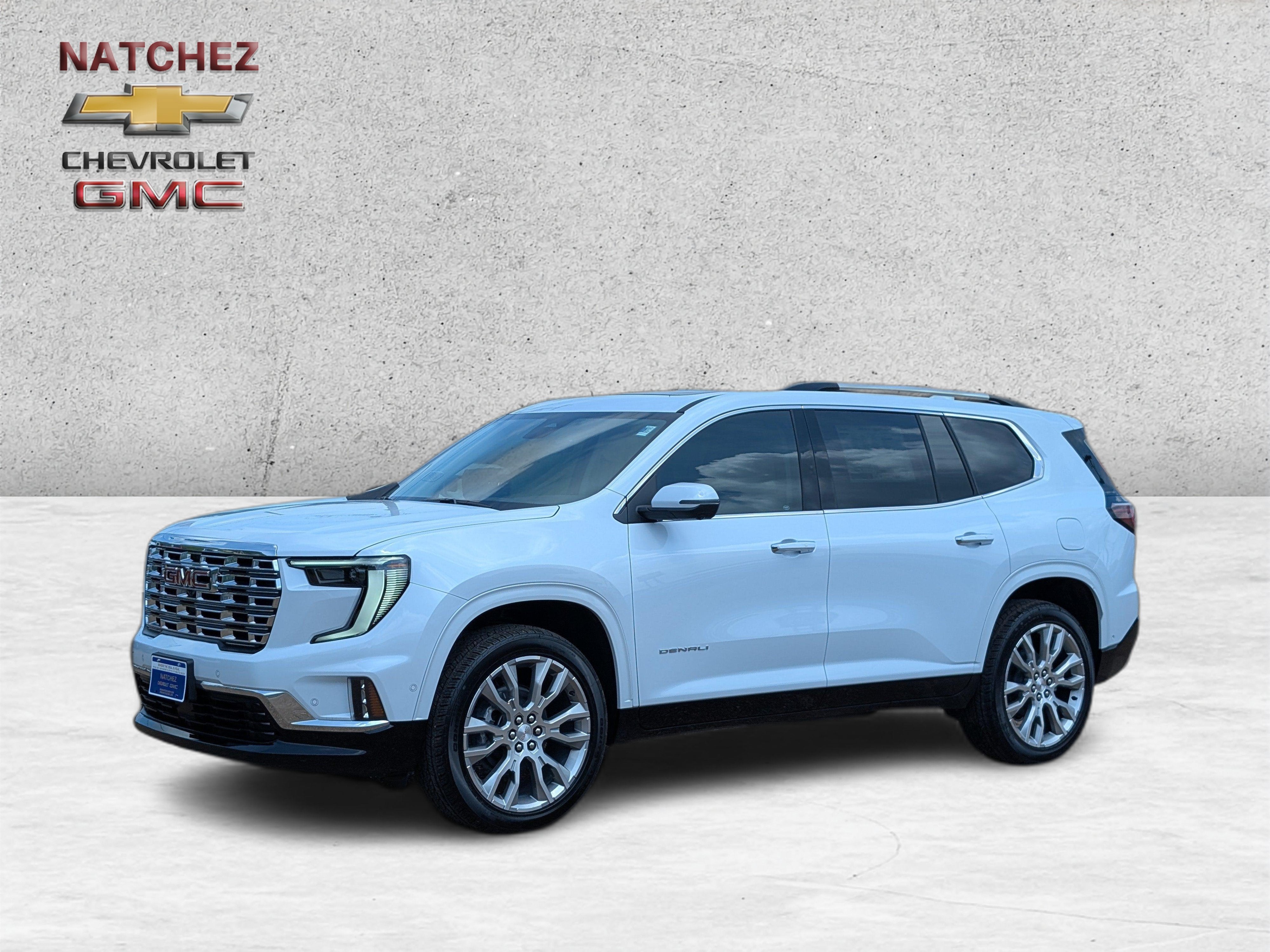 2026 GMC Acadia Denali in Glacier White Tricoat — front three-quarter view