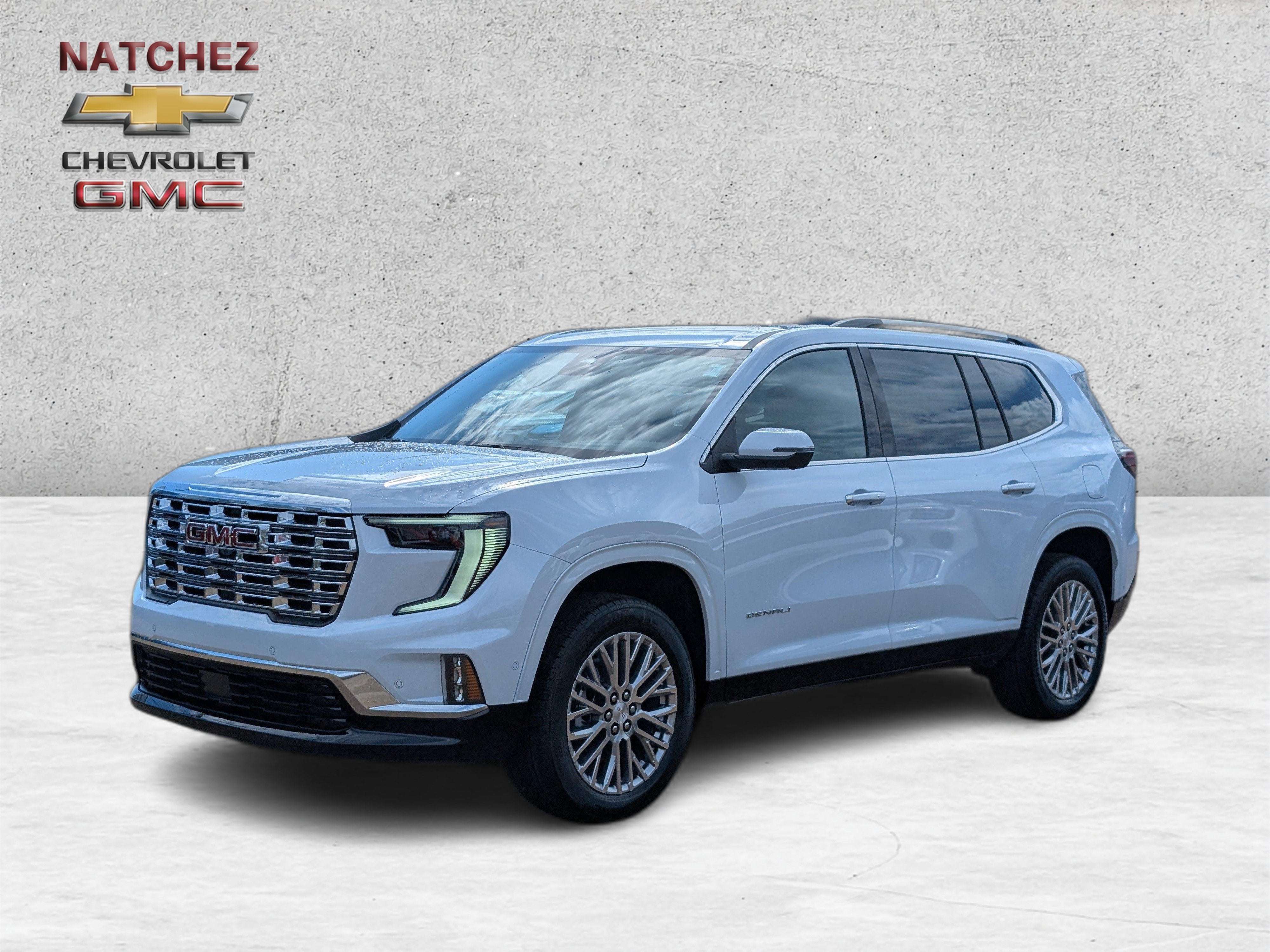2026 GMC Acadia Denali in Glacier White Tricoat — front three-quarter view